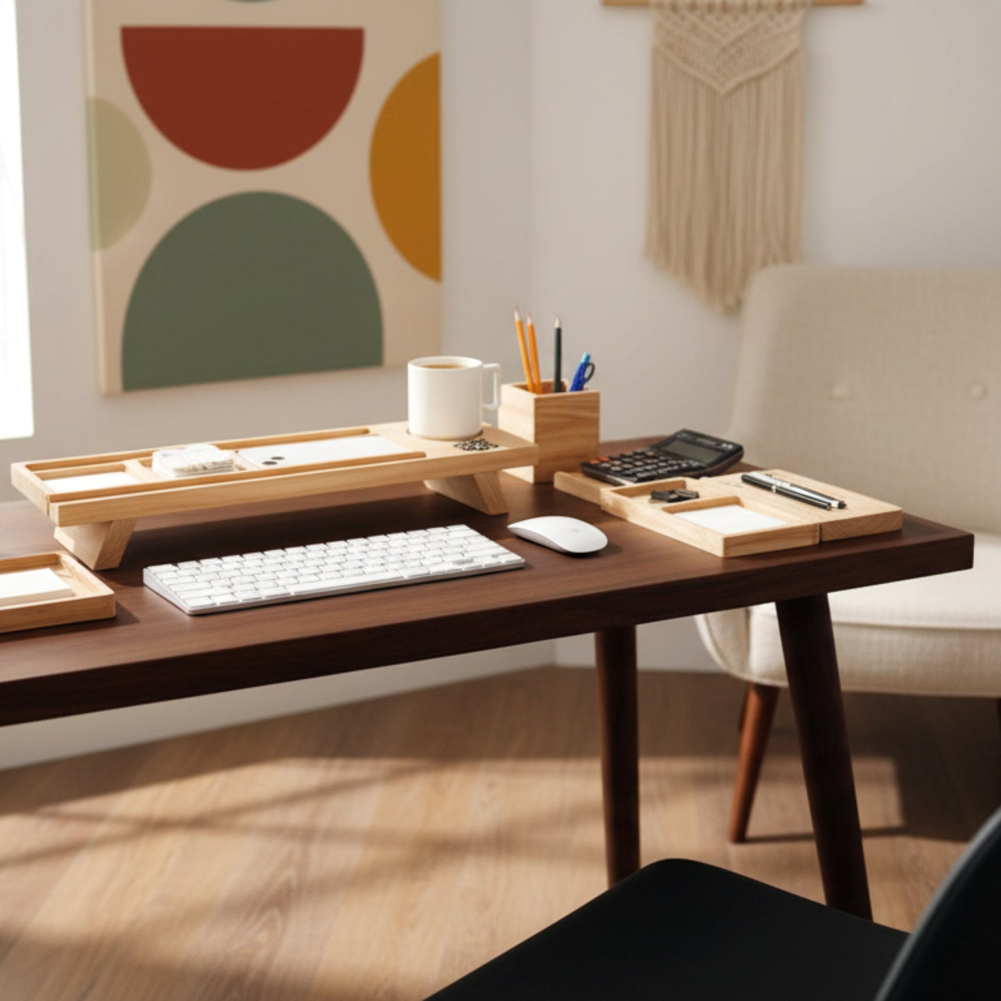 Solid pine wood monitor stand desk organizer with phone holder.