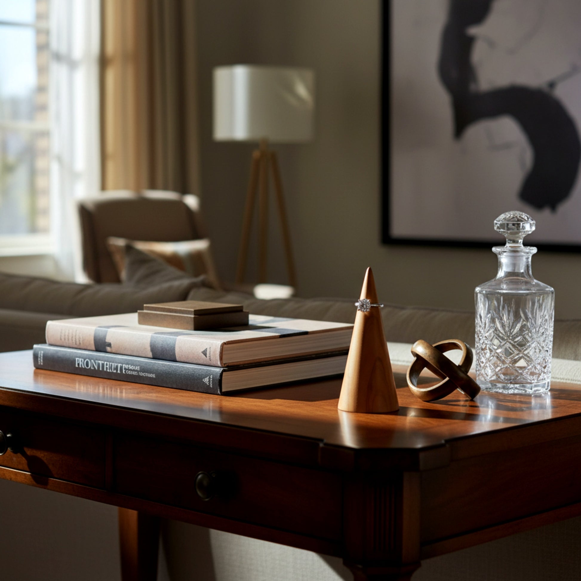 Solid walnut wood ring holder cone for engagement rings.