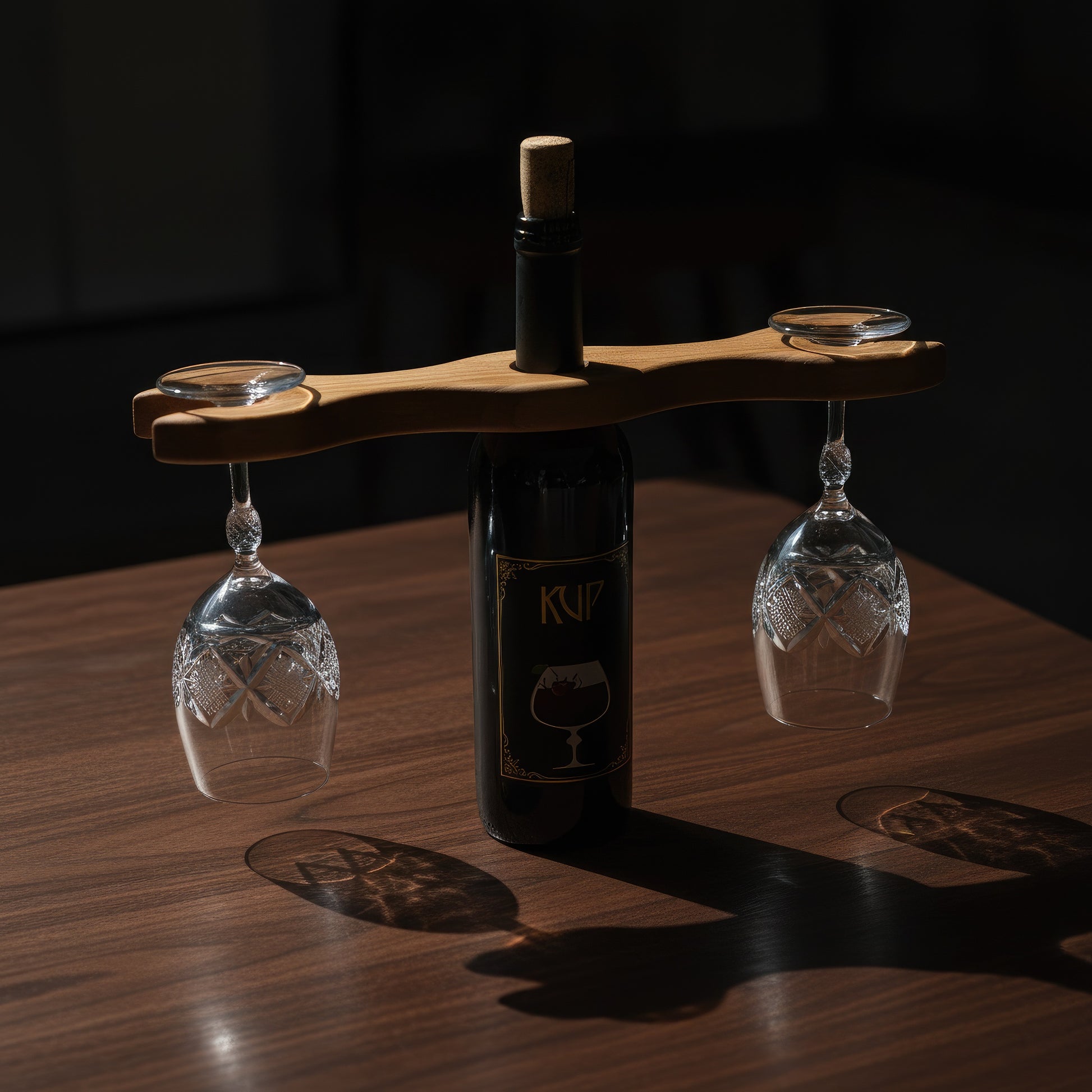 Solid walnut wine bottle and glass holder caddy.