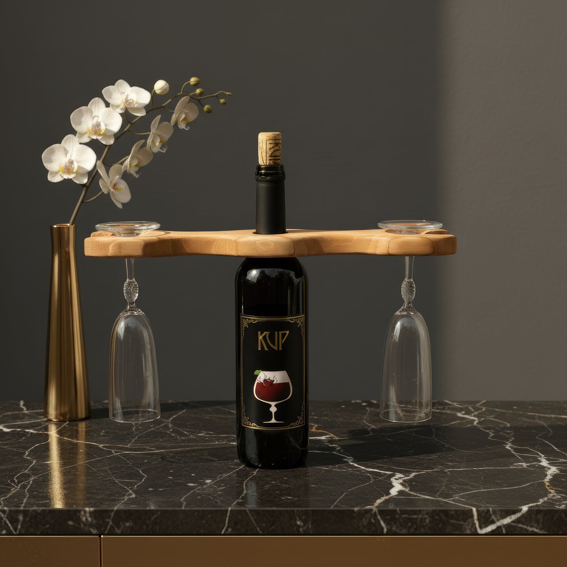 Solid walnut wine bottle and glass holder caddy.