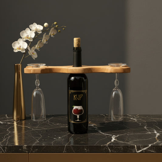 Solid walnut wine bottle and glass holder caddy.