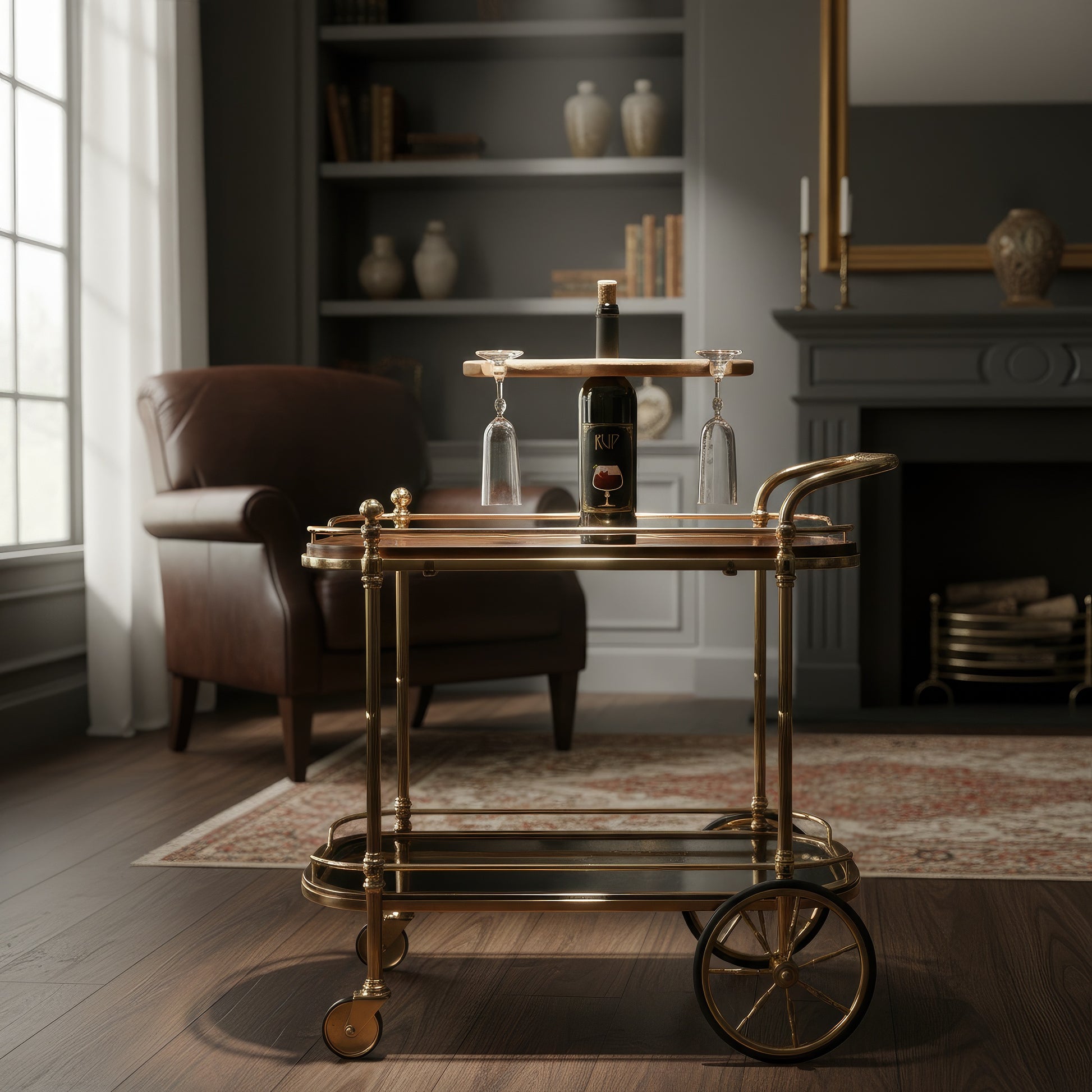 Solid walnut wine bottle and glass holder caddy.