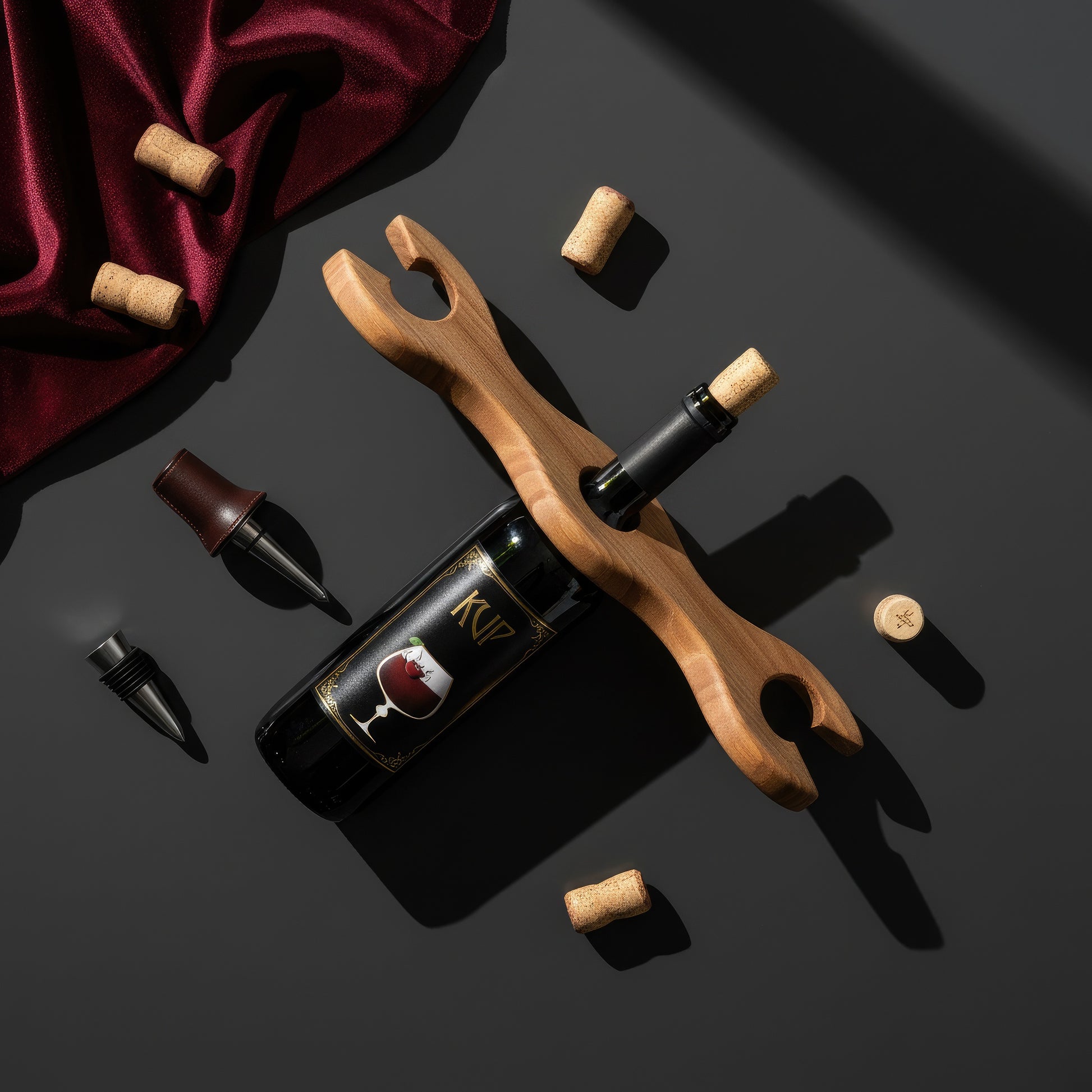 Solid walnut wine bottle and glass holder caddy.