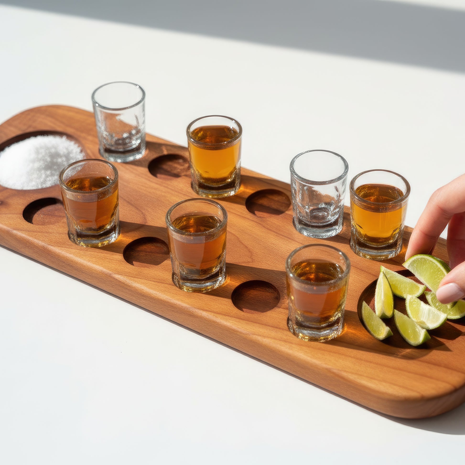 Solid wood tequila shot serving board 12 glasses large.
