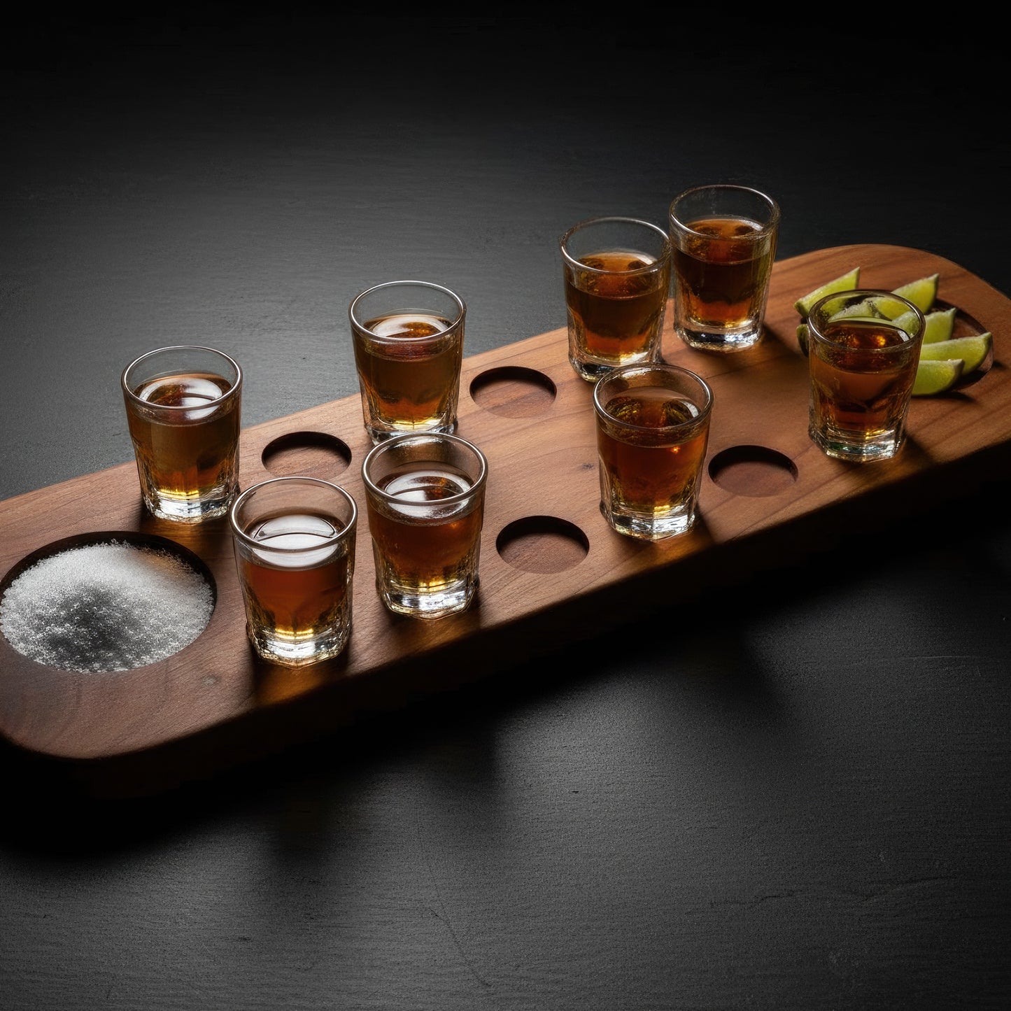 Solid wood tequila shot serving board 12 glasses large.