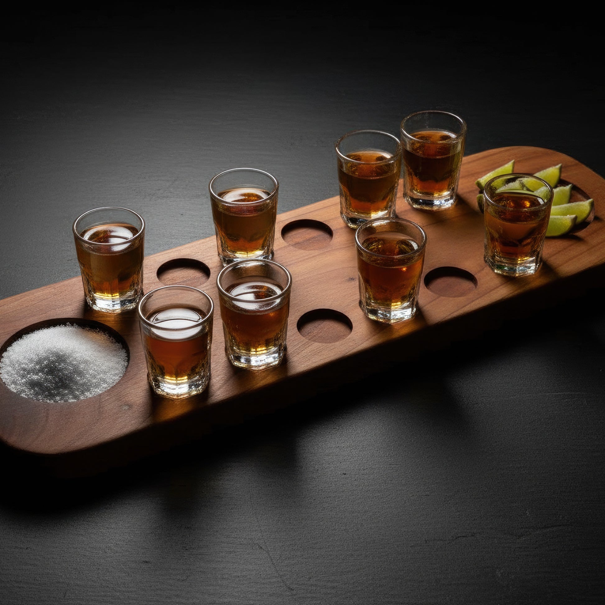 Solid wood tequila shot serving board 12 glasses large.