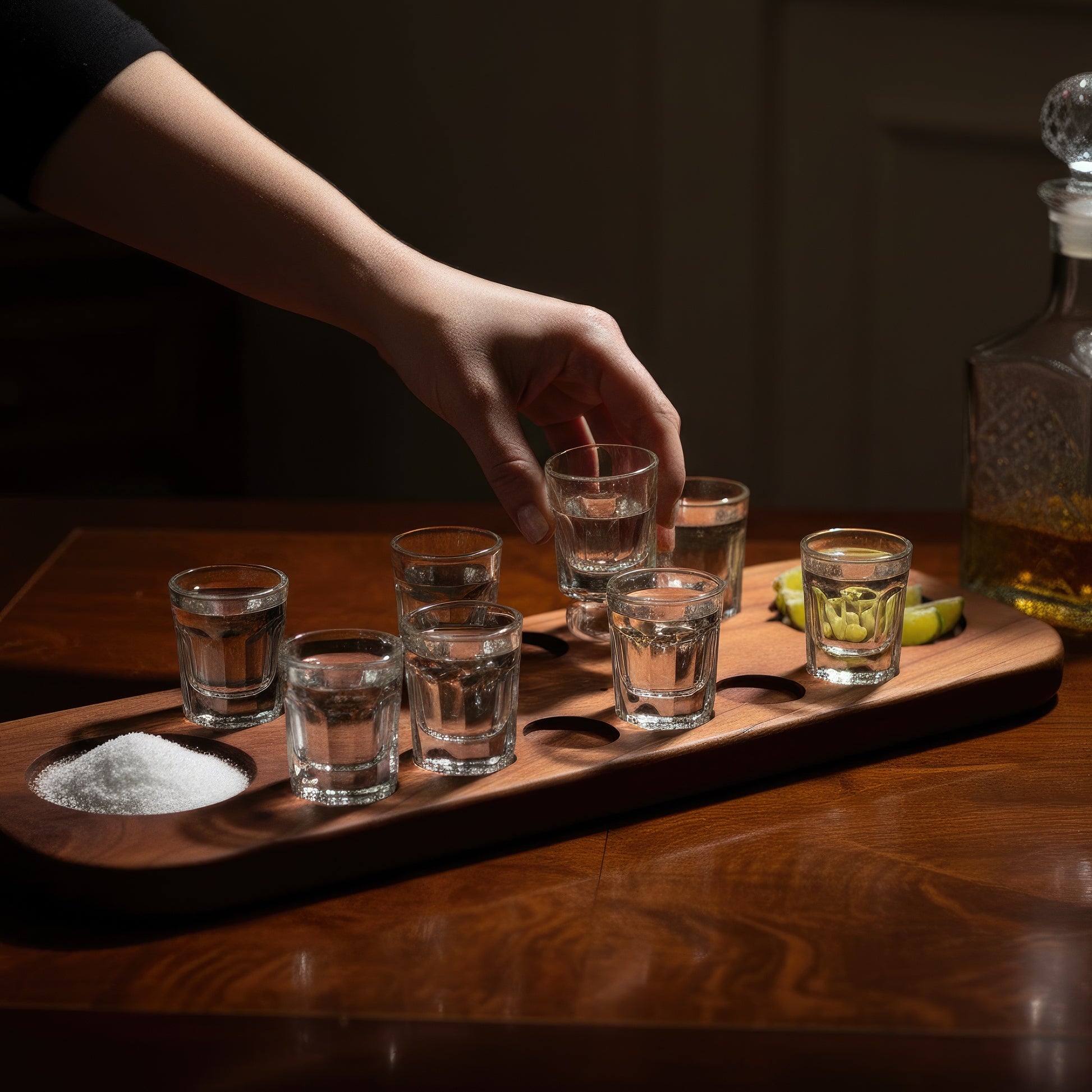Solid wood tequila shot serving board 12 glasses large.