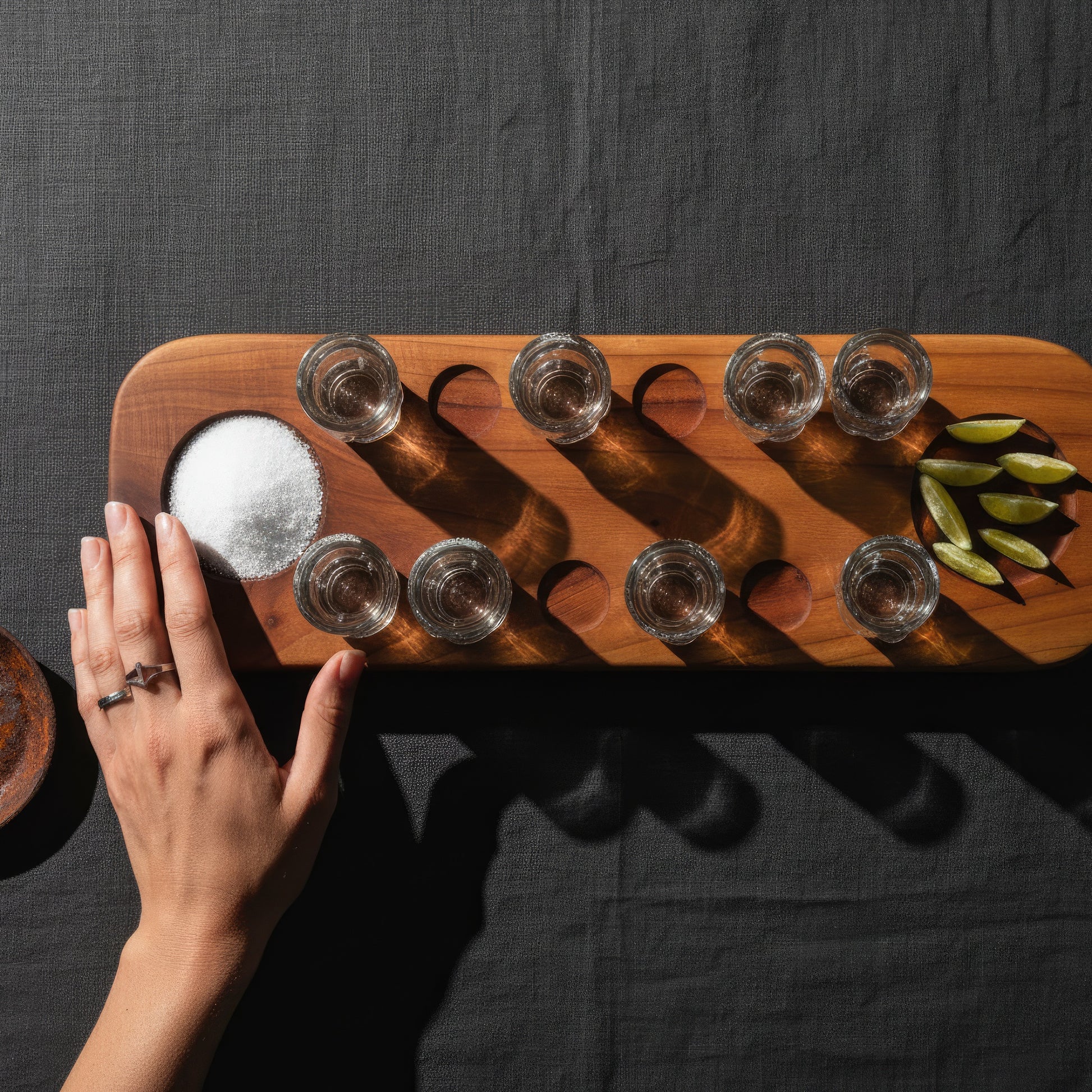 Solid wood tequila shot serving board 12 glasses large.