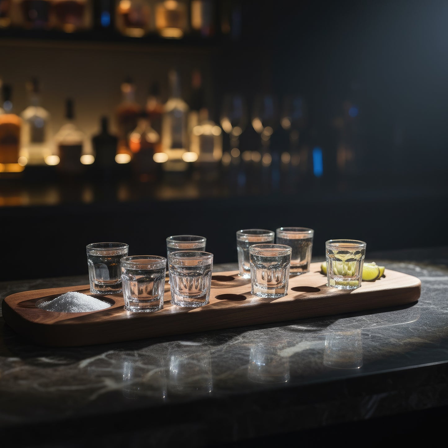 Solid wood tequila shot serving board 12 glasses large.