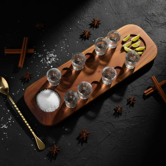 Solid wood tequila shot serving board 12 glasses large.