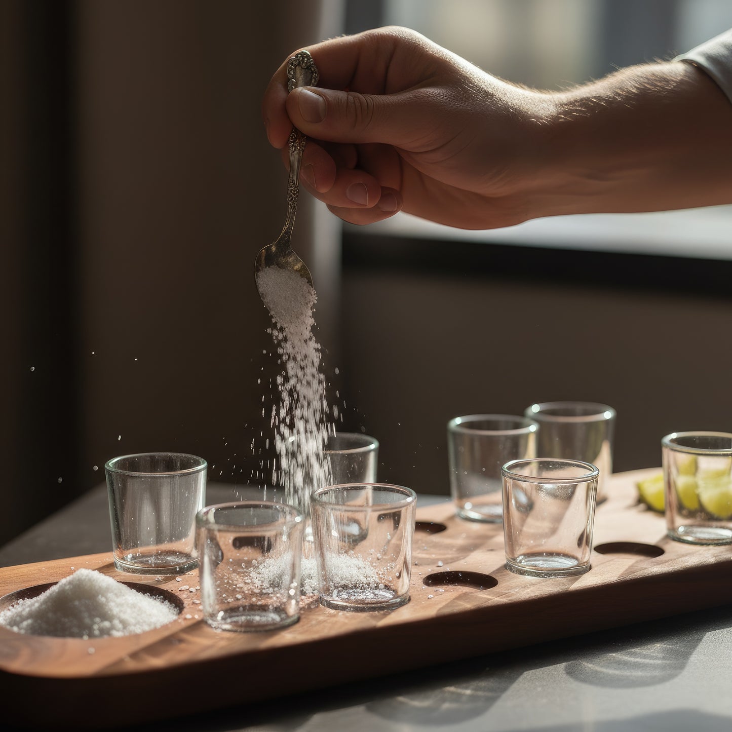 Solid wood tequila shot serving board 12 glasses large.