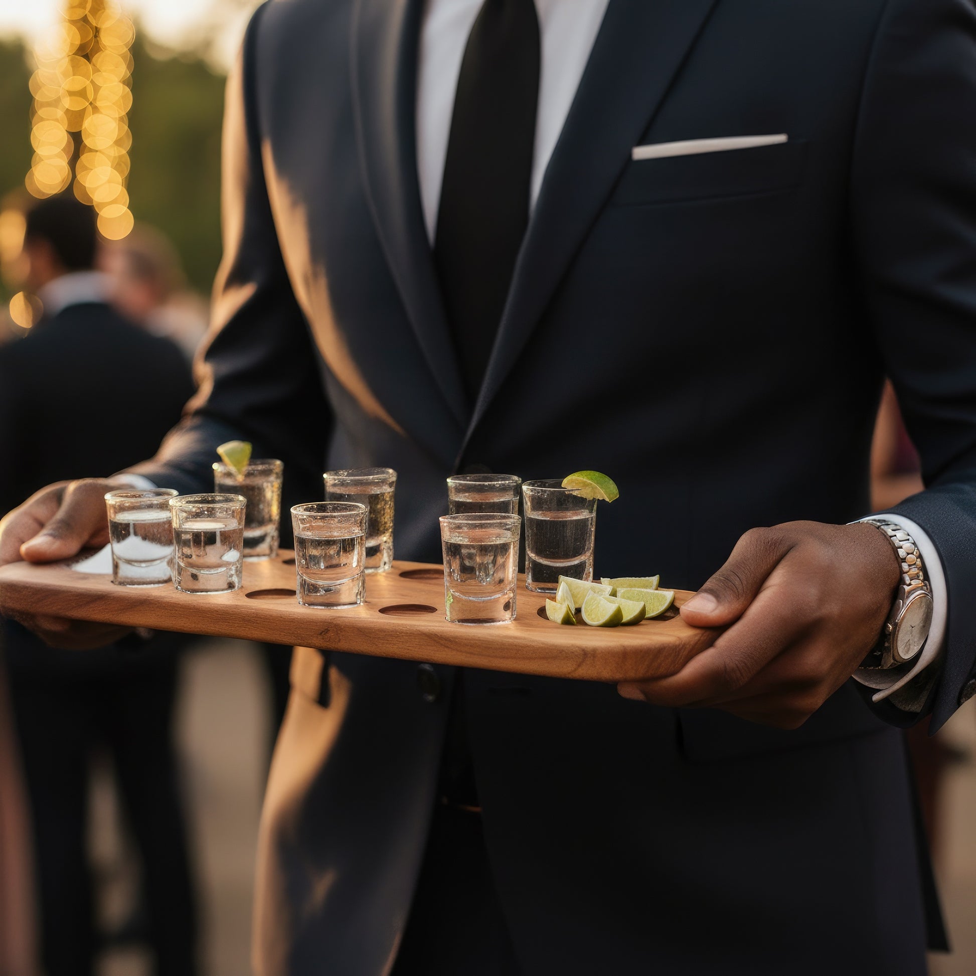 Solid wood tequila shot serving board 12 glasses large.