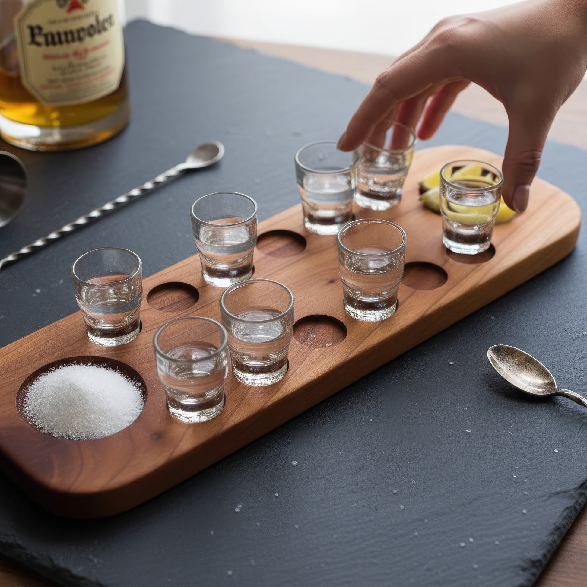 Solid wood tequila shot serving board 12 glasses large.