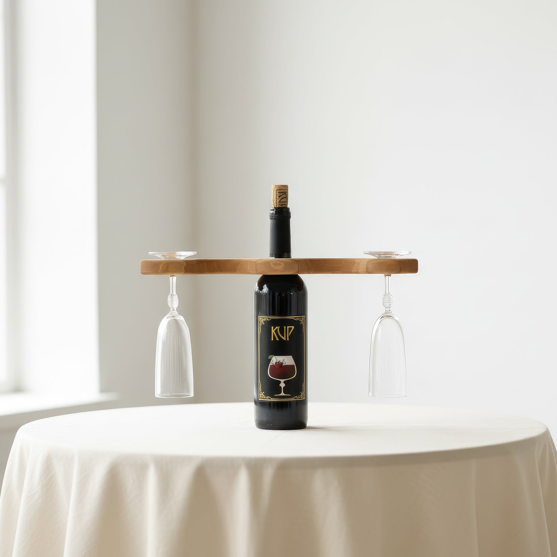 Solid walnut wine bottle and glass holder caddy.