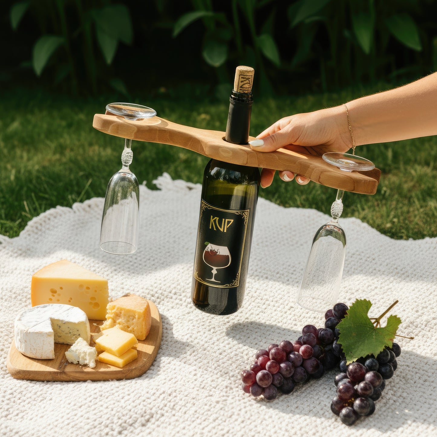 Solid walnut wine bottle and glass holder caddy.