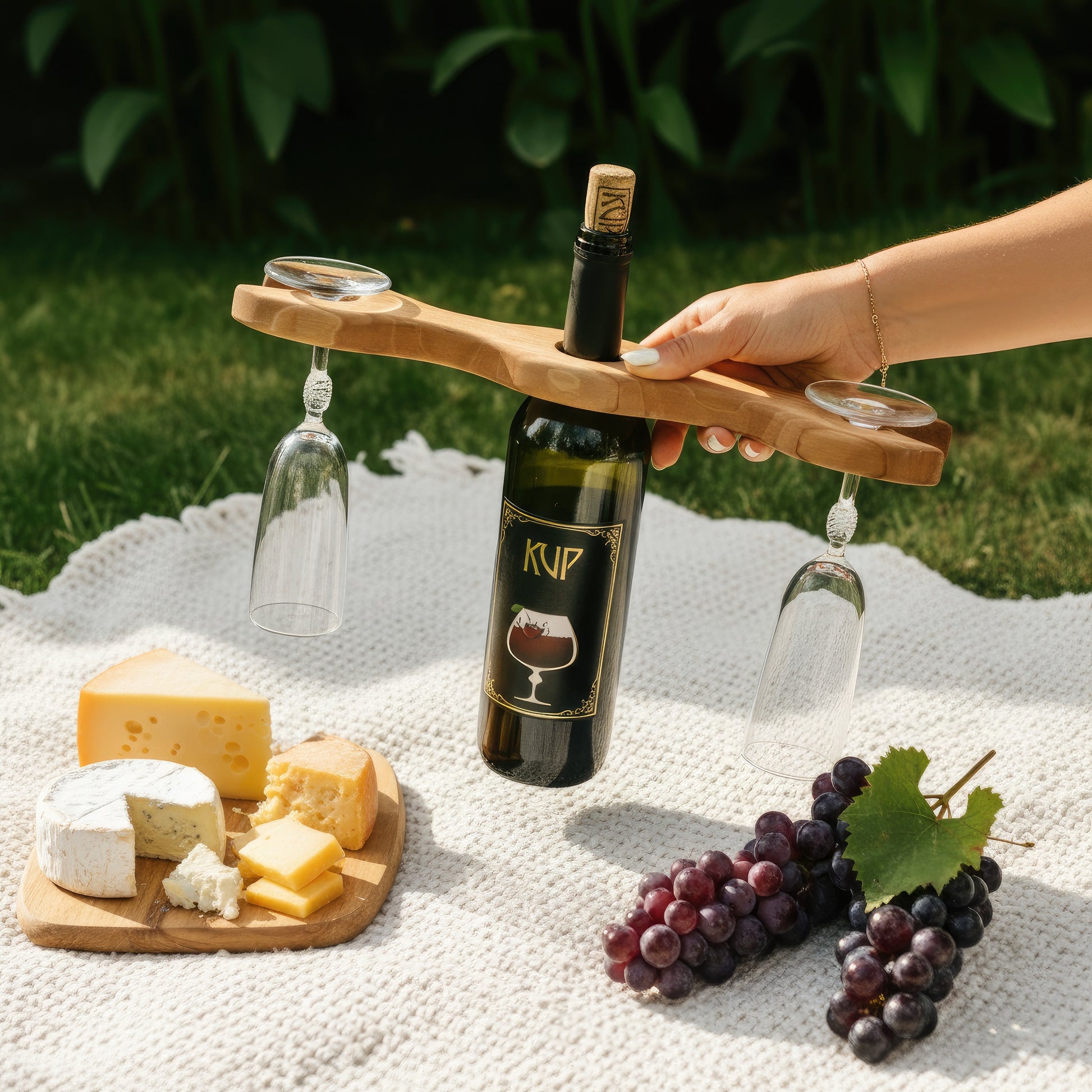 Solid walnut wine bottle and glass holder caddy.