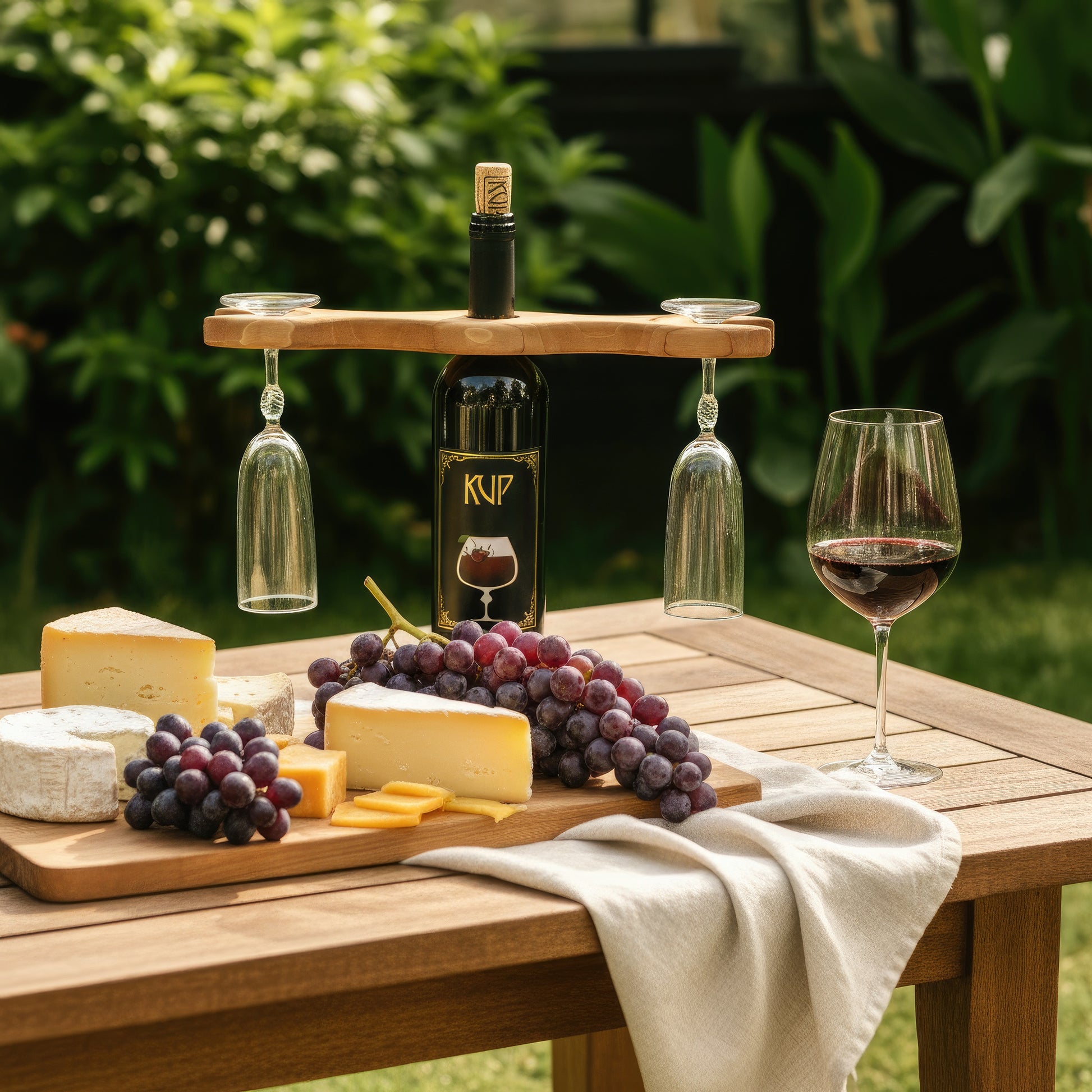 Solid walnut wine bottle and glass holder caddy.