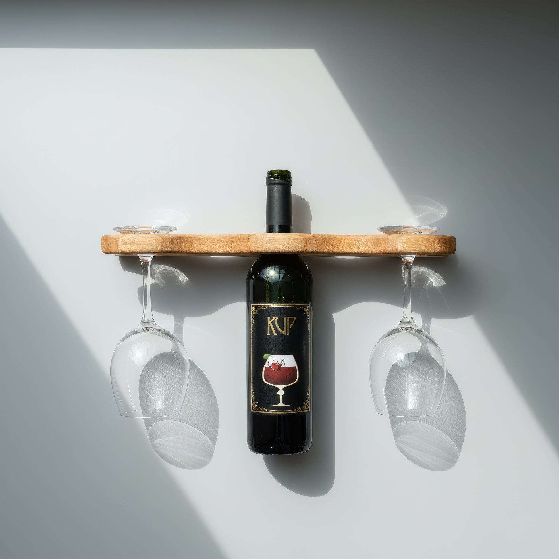 Solid walnut wine bottle and glass holder caddy.