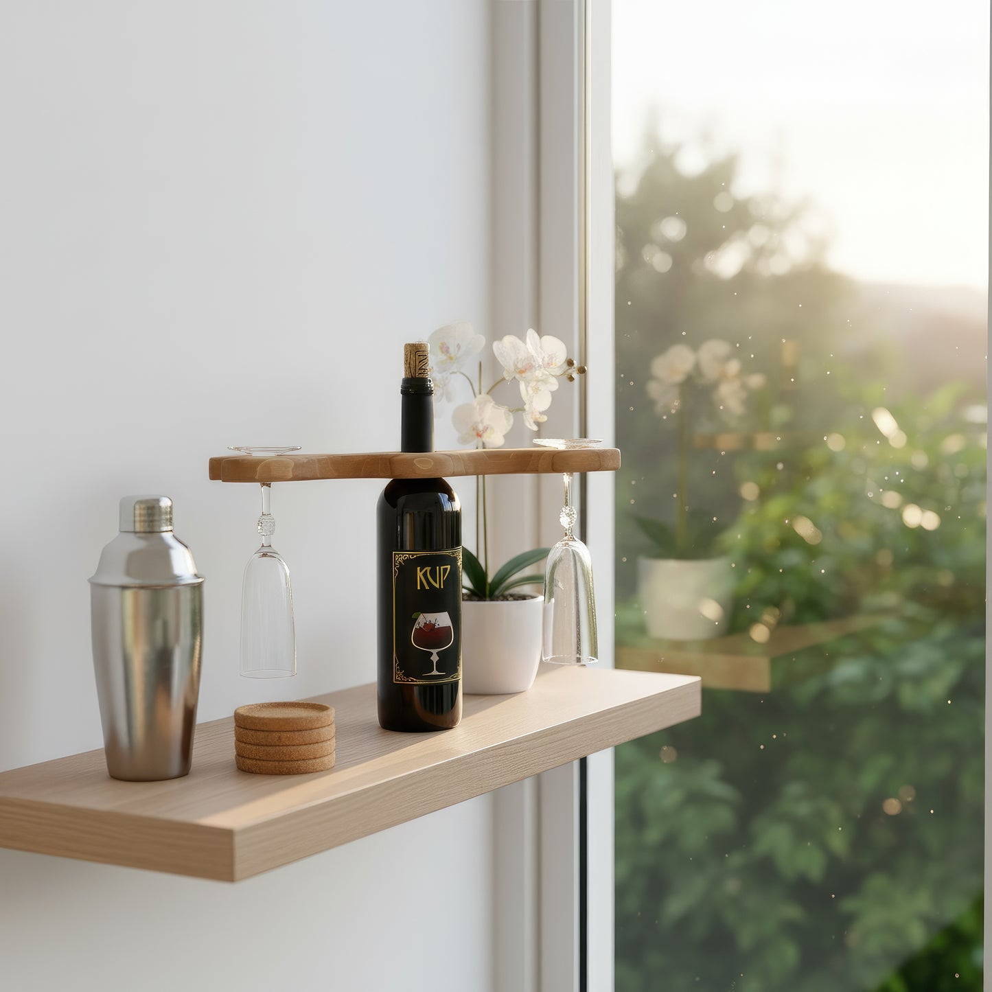Solid walnut wine bottle and glass holder caddy.