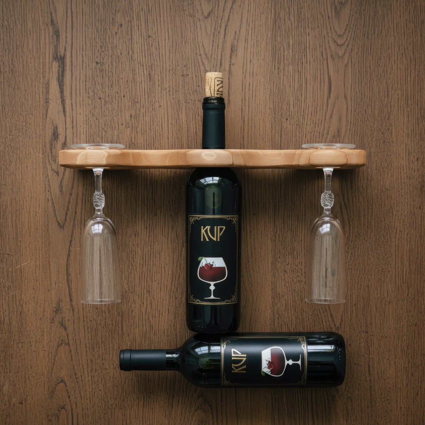 Solid walnut wine bottle and glass holder caddy.