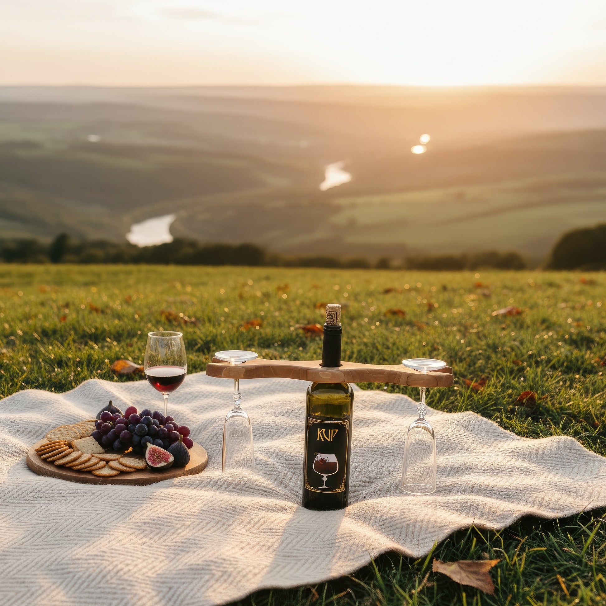 Solid walnut wine bottle and glass holder caddy.
